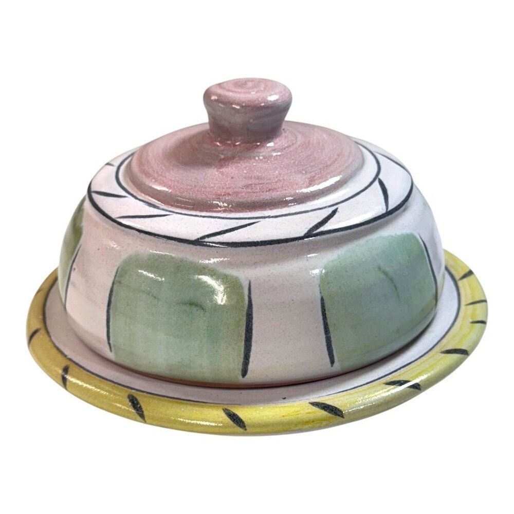 Hand-Painted Pottery Butter Dish Cheese Lid Pastel Design Signed By Artist 3.5"
